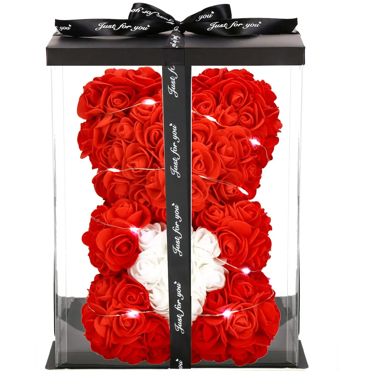 Pink Teddy Bear 22 cm Red With White Heart And Box Rose Bear LED Cold White